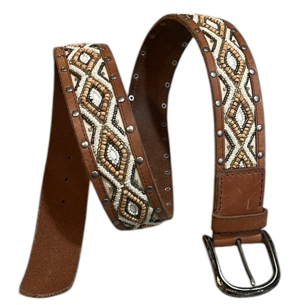 LUCKY BRAND LEATHER STUDDED AND BEADED BELT LIGHT BROWN WHITE CREAM SILVER SZ S